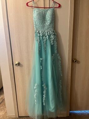 Amazon Mint Green Lace Appliqué Prom Dress